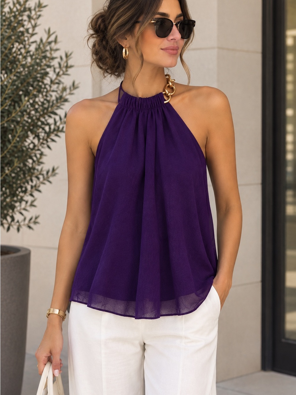 NWT Diane Von Furstenberg 100% Silk Purple Halter Flowy Chain Top | Size M